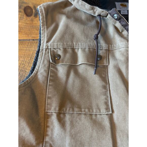 Carhartt Sandstone Multi-Pocket Hooded Canvas Sherpa Lined Vest Chore Barn XL - Picture 5 of 16